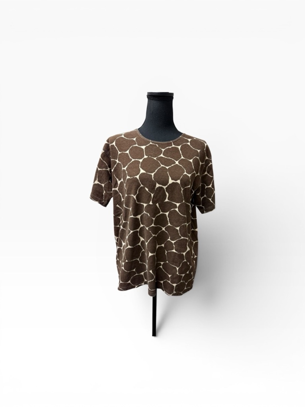 Chaus Brown Giraffe Print Top Large Cotton Short Sleeve Animal Print Casual